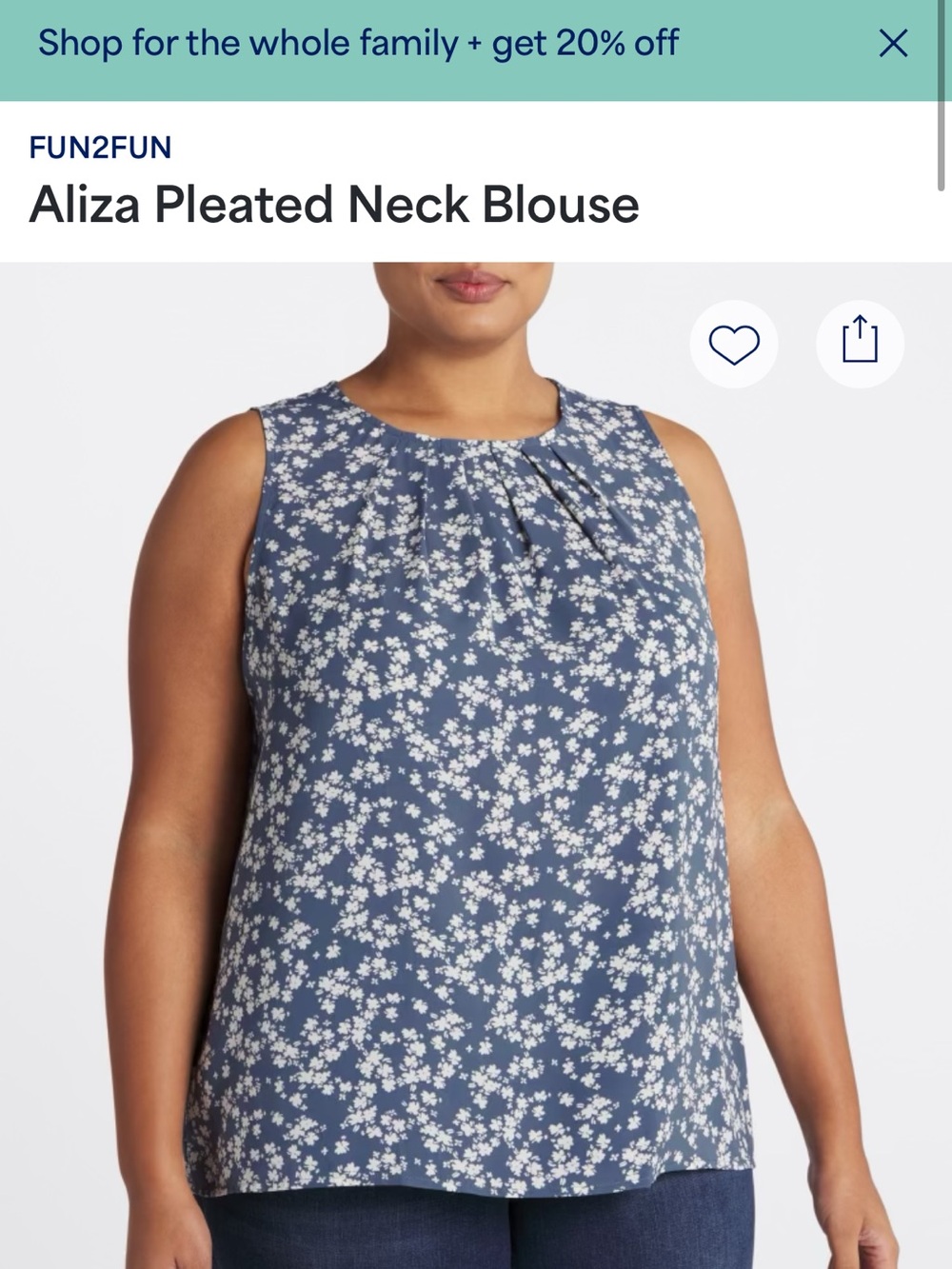 FUN2FUN Aliza Pleated Neck Sleeveless Floral Blouse Blue White 2X